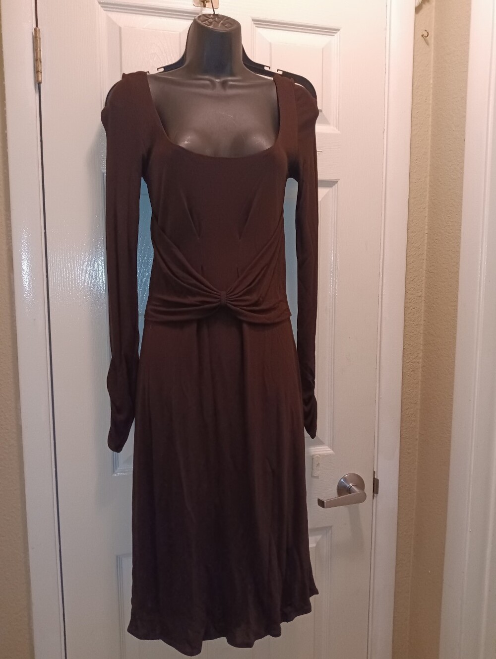 Bruno Duluc Vintage Womens Brown Long-ruched Sleeve Knot-Front Midi Dress